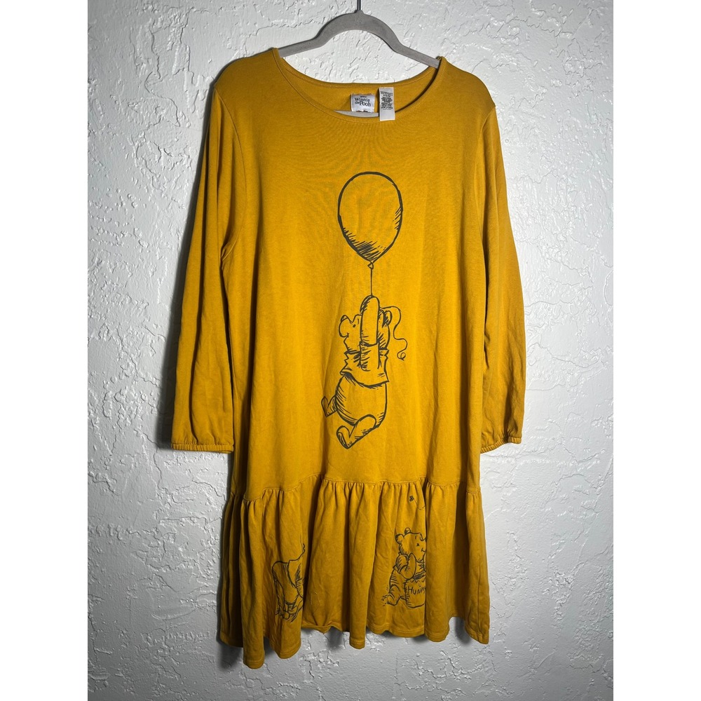 Disney Winnie the Pooh Mustard Yellow Tiered Midi Dress Balloon XL Cotton